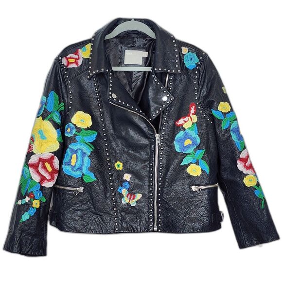 ASOS HTF Floral Embroidery Leather Biker Jacket Size 14 - Picture 2 of 10